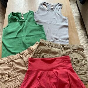 Old Navy Set of 2 Tank Tops with 2 Tan Shorts and Coral and Black Skirts